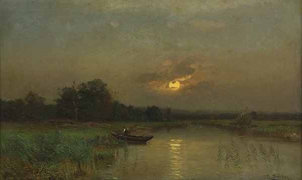 Painting, Eugen Gustav Dücker: Eugen Gustav Dücker (German, 1841-1916), Figure and Boat by the Lake at Sunset, oil on canvas, signed lower right, canvas: 19.75"h x 31"w, overall (with frame): 32.75"h x 44.5"w