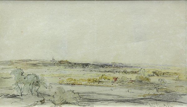 Work on paper, Circle of John Constable: Circle of John Constable (British, 1776-1837), Landscape Study, watercolor, charcoal, and pencil on paper, bears signature lower right, sight: 9.25"h x 15.75"w, overall (with frame): 21.5"h x 27.75"w
