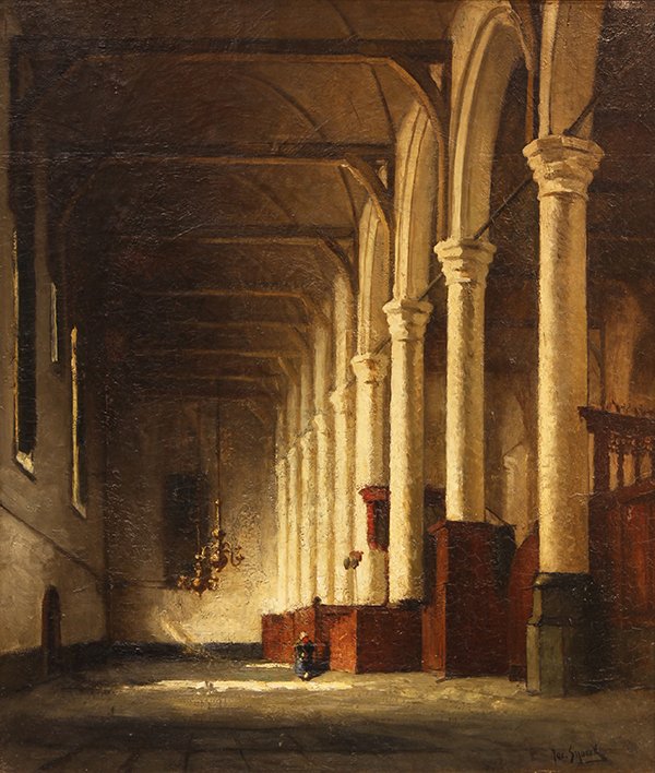 Painting, Jacques (Jacob Cornelis) Snoeck: Jacques (Jacob Cornelis) Snoeck (Dutch, 1881-1921), Church Interior with Figure, oil on canvas, signed lower right, canvas: 38"h x 32"w, overall (with frame): 52"h x 48"w