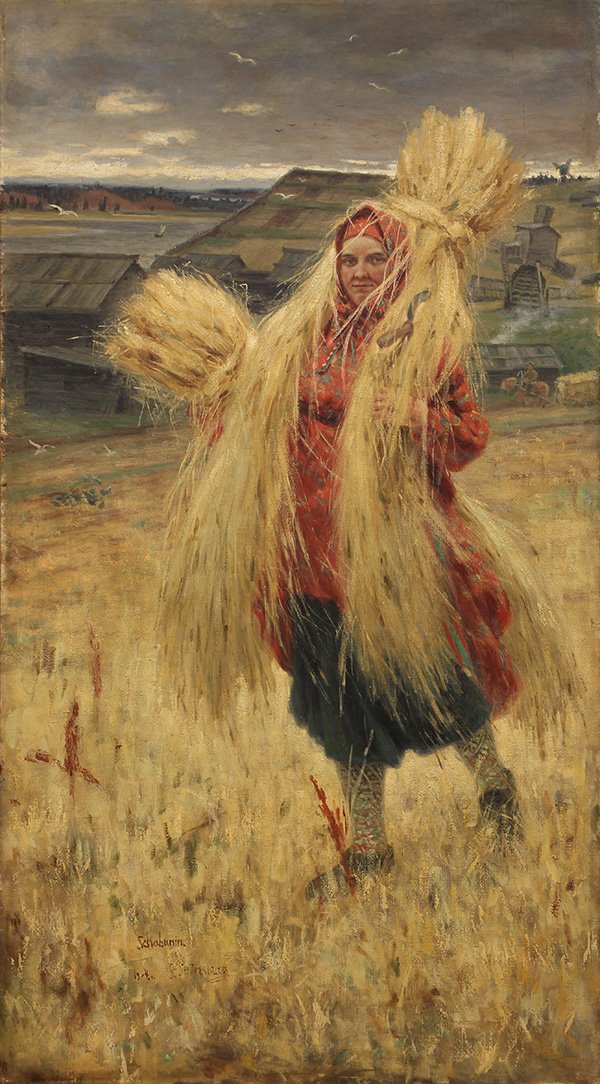 Painting, Nikolai Shabunin: Nikolai Shabunin (Russian, 1866-1907), Autumn Harvest, 1904, oil on canvas, signed, dated and inscribed "St. Petersburg" lower left, canvas: 97"h x 57"w, overall (with frame): 106"h x 62.5"w