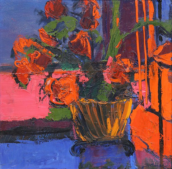 Painting by Henrietta Berk: Henrietta Berk (American, 1919-1990), Still Life with Roses, oil on canvas, signed lower right, canvas: 20"h x 20"w, overall (framed): 27.5"h x 27.5"w