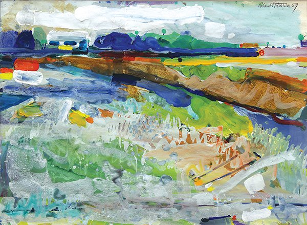 Gouache, Roland Petersen, Landscape, 1959: Roland Petersen, "Landscape," 1959, gouache on paper, signed and dated upper right, gallery title label (Harcourts Modern and Contemporary Art, San Francisco, CA), sight: 21"h x 29"w, overall (with fr