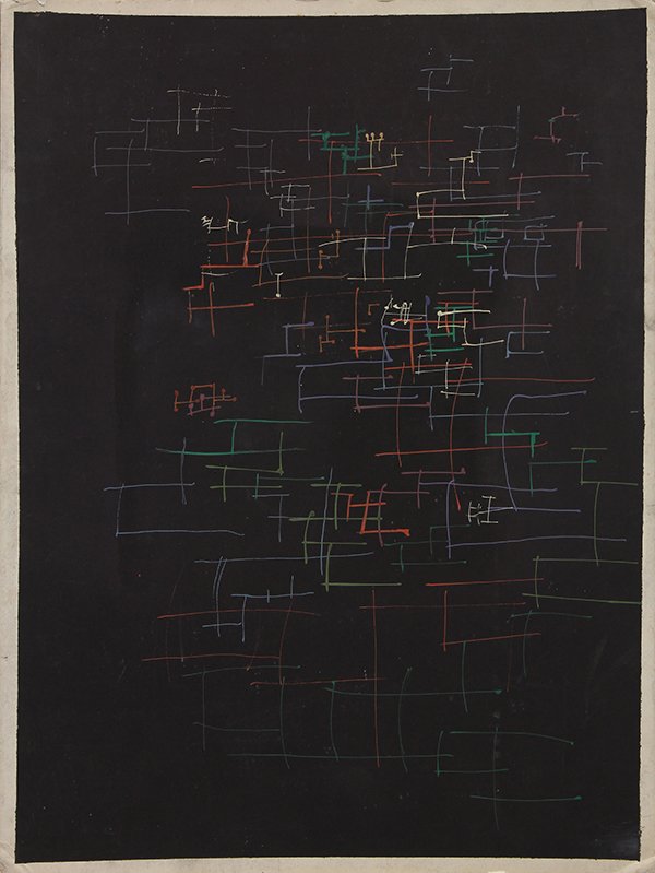 Drawing by Roy de Forest: Roy de Forest (American, 1930-2007), Experiments in Line and Color, 1950, oil on board, pencil signed and dated verso, sheet: 20'' h x 15''w