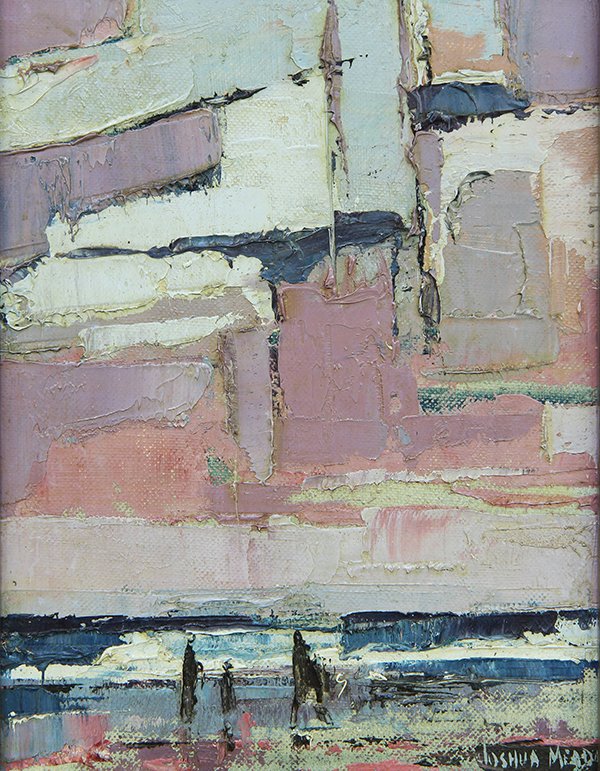 Painting by Joshua Lawrence Meador: Joshua Lawrence Meador (American, 1911-1965), Untitled (abstract), oil on canvas board, signed lower right, sight: 7.5"h x 5.75"w, overall (with frame): 10.25"h x 8.5"w