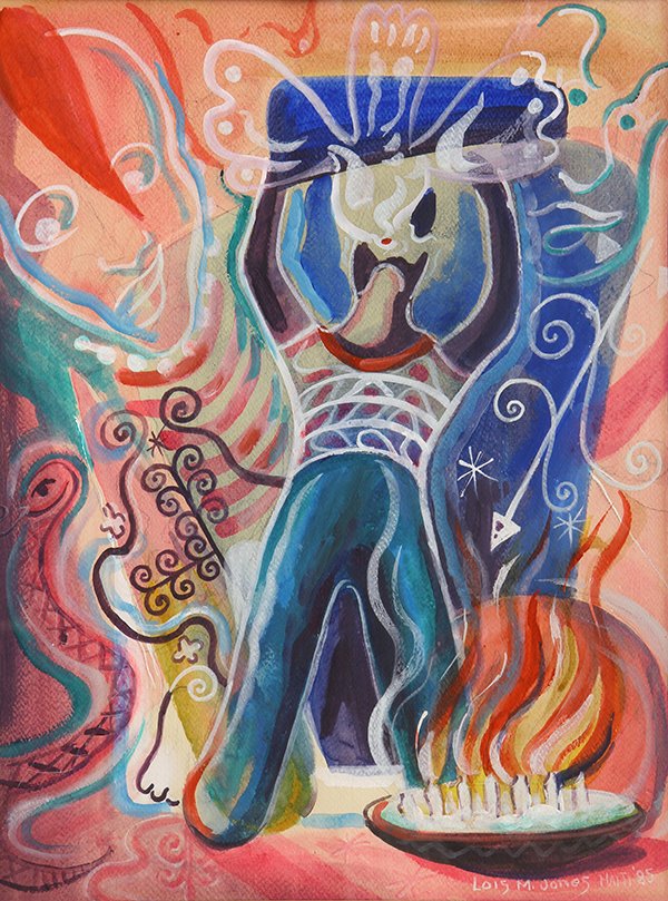 Watercolor by Lois Mailou Jones: Lois Mailou Jones (American, 1905-1998), ''Vodoo Sacrifice - Haiti,'' 1985, watercolor, signed, dated and inscribed ''Haiti'' lower right, artist label affixed verso, sight: 23.5''h x 17.5''w, overall