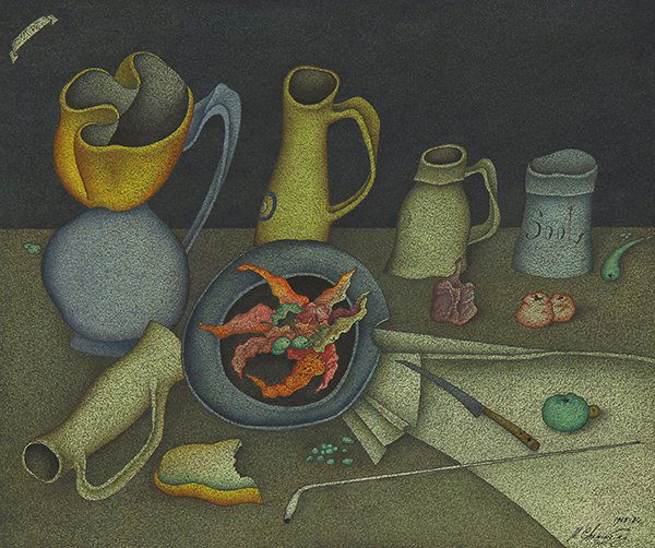 Watercolors by Mihail Chemiakin: (lot of 2) Mihail Chemiakin (Russian, b.1943), ''Nature Morte Metaphsique I and II,'' 1965-81 and 1982, ink and watercolor on paper, each signed and dated, sights: 13''h x 15.25''w, overall (each with