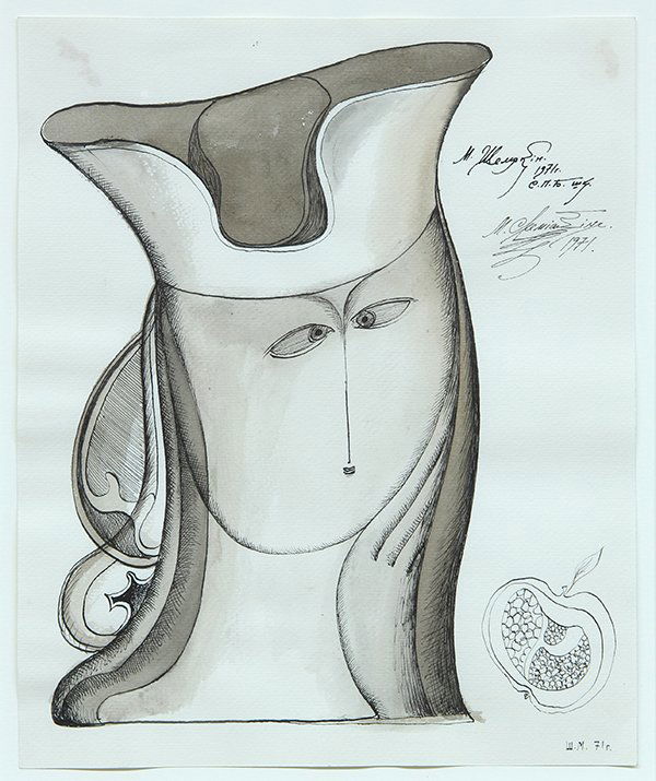 Watercolor by Mihail Chemiakin: Mihail Chemiakin (Russian, b.1943), ''Gallant Lady,'' 1971, ink and watercolor on paper, signed and dated upper right, initialed and dated in cyrillic lower right, sight: 9.5''h x 7.75''w, overall (wi