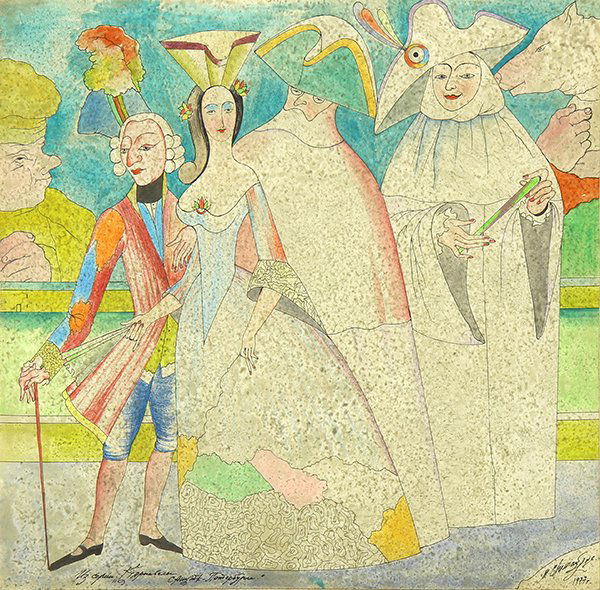 Work on paper by Mihail Chemiakin: Mihail Chemiakin (Russian, b.1943), ''Carnival Series XXVII,'' 1977, ink and watercolor on paper, signed and dated lower left, sight: 11.75''h x 11.75''w, overall (with frame): 23.5''h x 23.5''w. Prov