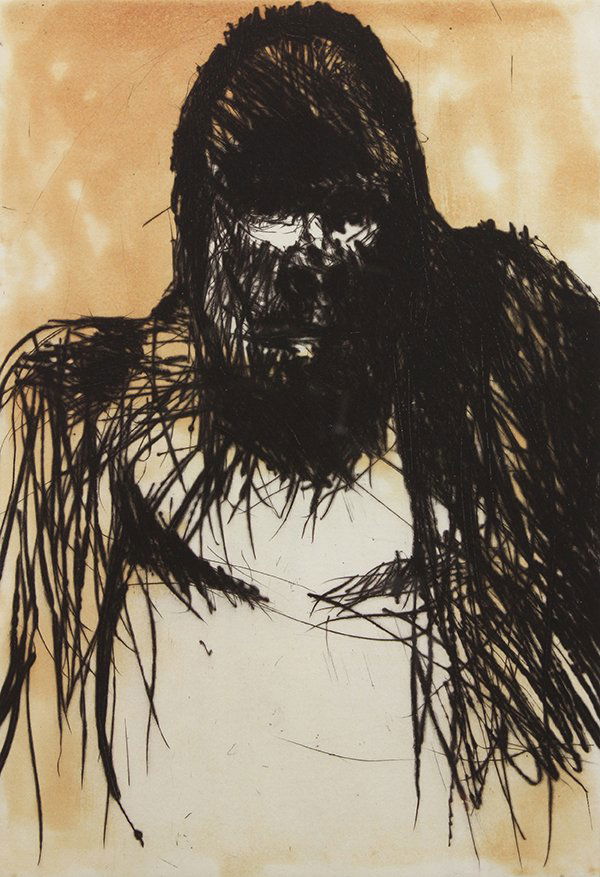 Print by Nathan Oliveira: Nathan Oliveira (American, 1928-2010), "Missing Link," 1998, drypoint with spit bite aquatint printed in brown, pencil signed lower right and dated, edition 7/10, published by Crown Point Press, San F