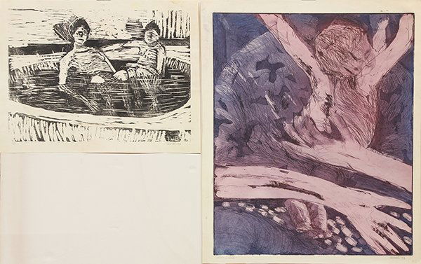 Prints by Manuel Neri: (lot of 2) Manuel Neri (American, b. 1930), "Mother and Child," 1958, color etching with aquatint, pencil signed lower right and dated, titled lower left, image: 21.5"h x 17.75"w, overall (sheet/unfra