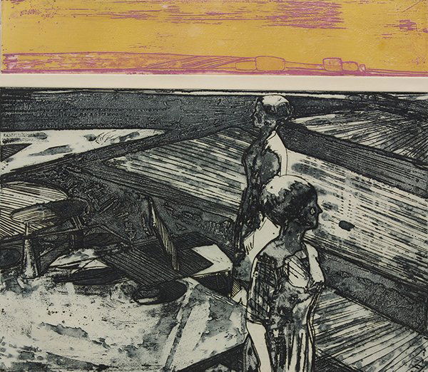 Print by Roland Petersen: Roland Petersen (American/Danish, b. 1926) "Central Valley Landscape with 2 Figures," color etching, pencil signed lower right, titled lower center, inscribed "Impression by Artist," lower left, image