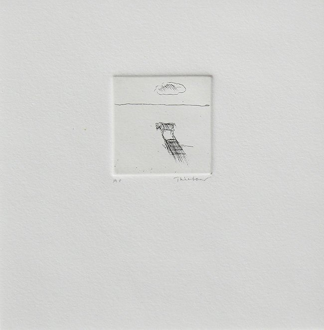 Print by Wayne Thiebaud: Wayne Thiebaud (American, b. 1920), A Cow and Its Shadow, etching, pencil signed lower right, edition AP, image: 2"h x 2"w, overall (framed): 16"h x 16"w