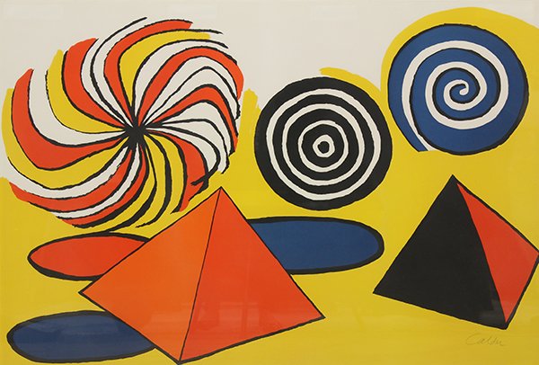 Print by Alexander Calder: Alexander Calder (American, 1898-1976), Spirals and Pyramids, lithograph in colors, pencil signed lower right, edition 554/125, sheet: 29.5"h x 43.5"w, overall (framed): 36.25"h x 50.55"w