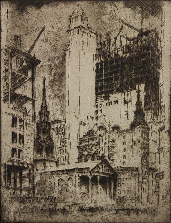 Print by Joseph Pennell: Joseph Pennell (Philadephia, 1857-1926), St. Paul's New York, 1915, etching, pencil signed lower center, image: 11"h x 8.25"w, overall (framed): 19"h x 15.75"w. Reference: Wuerth, 678,