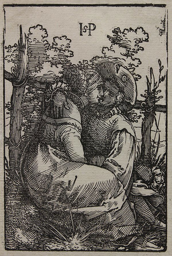 Print by Hans Sebald Beham: Hans Sebald Beham (German, 1500-1550), "Lovers Seated Before a Fence (Das sitzende Liebespaar am Zaun)," 1522, woodcut, initialed within plate upper center, image: 5"h x 3.25"w. Provenance: From the L