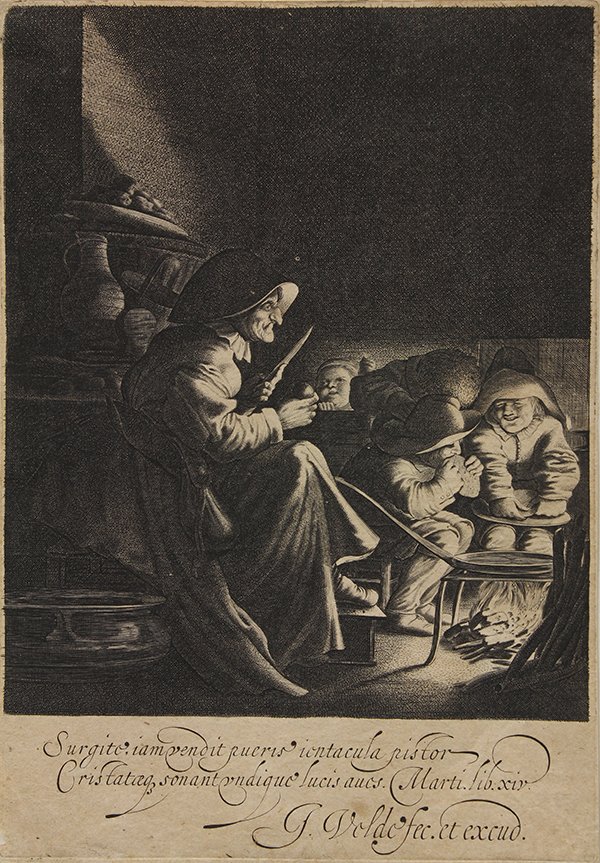 Print by Jan van de Velde the Younger: Jan van de Velde the Younger (Dutch, born c. 1593-1641), The Pancake Woman (Die Pfannkuchenbäckerin)," 1626, etching, printed signature lower right, image: 6"h x 5"w, sheet: 7.25"h x 5.25"w. Provenan