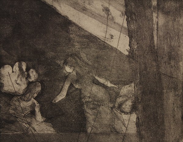 Print by Edgar Degas: Edgar Degas (French, 1834-1917), "Aux Ambassadeurs," etching with aquatint, from the cancelled plate, image: 9.75"h x 11.5"w, overall (unframed w/mat): 15"h x 17"w. Provenance: Barclay Simpson Fine Ar
