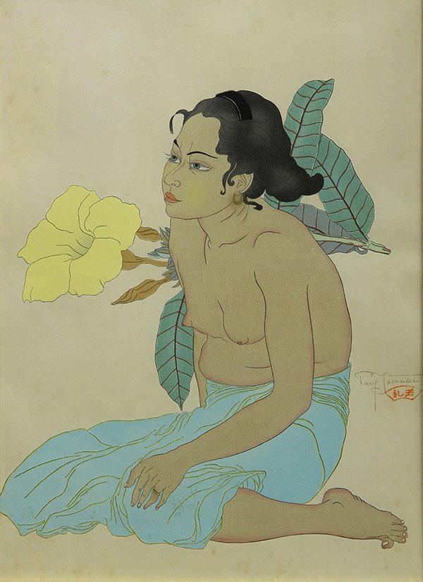 Print, Paul Jacoulet: Paul Jacoulet (French, 1902-1960), "Jeune Fille de Saipan et Fleurs D'Hibiscus Marianes," 1934, color woodblock print, pencil signed with seal lower right, image: 15.5"h x 12"w, overall (framed): 23.2