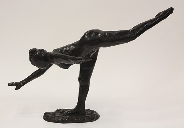 Bronze, After Edgar Degas, Arabesque: After Edgar Degas (French, 1834-1917), "Arabesque Over Right Leg (or First Arabesque Penchee)," bronze sculpture, foundry mark lower left base, bears signature on base, overall: 13.25"h x 20.25"w