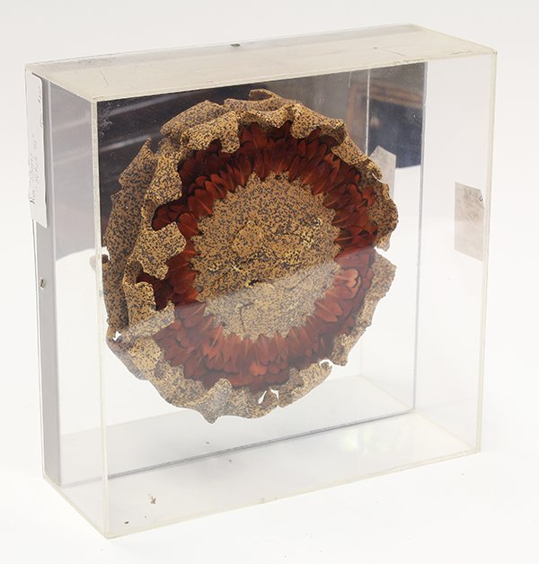 Sculpture, Ken Shores: Ken Shores (American, 1928-2014), "Fetish # 93," 1972, ceramic stoneware and feathers sculpture, (mounted in acrylic plexiglass box with mirrored backing), title label (Ankrum Gallery, Los Angeles) af