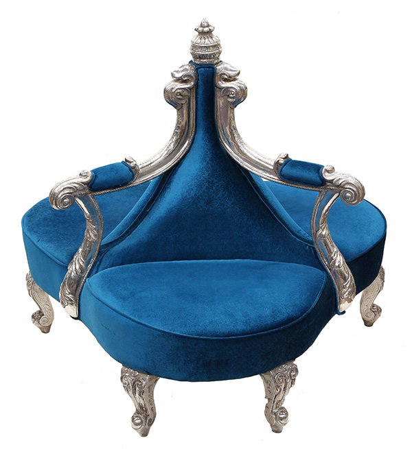 Hollywood Regency ballroom settee: Hollywood Regency ballroom settee, having silver mounts with acanthus and scroll work detail, flanking the turquoise upholstered seat and back, and rising on silver cabriole legs, (Note: silver mounts