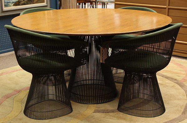 (lot of 5) Warren Platner (American 1916-2006) for: (lot of 5) Warren Platner (American 1916-2006) for Knoll dining set circa 1966, consisting of a dining table model no. 3716T, with a walnut top and a nickel-plated steel base, 28"h x 54"dia., and four
