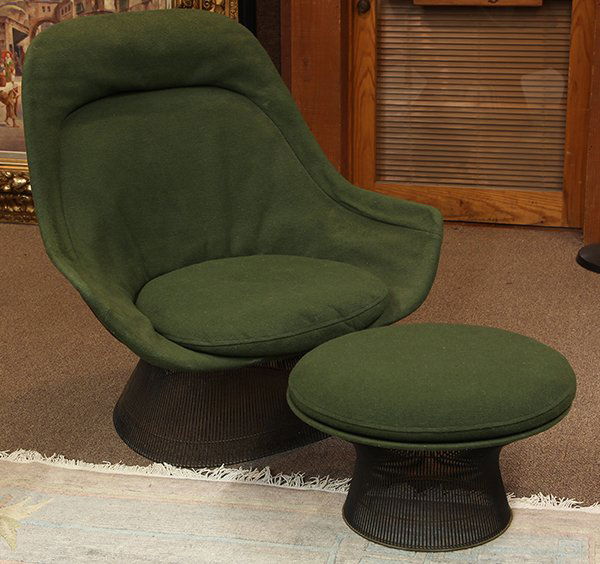 (lot of 2) Warren Platner (American: (lot of 2) Warren Platner (American, 1916-2006) for Knoll ‘1725’ easy lounge chair and matching ottoman, circa 1966, upholstered in original green wool, on a nickel-plated steel basket work frame,