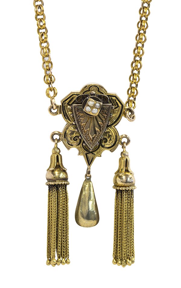 Victorian pearl and 14k yellow gold necklace: Victorian pearl and 14k yellow gold necklace a central shield set with large seed pearls, accented by black enamel tracery, hand chased, suspends tassels, attached to a fancy link chain, 20", weighs 3
