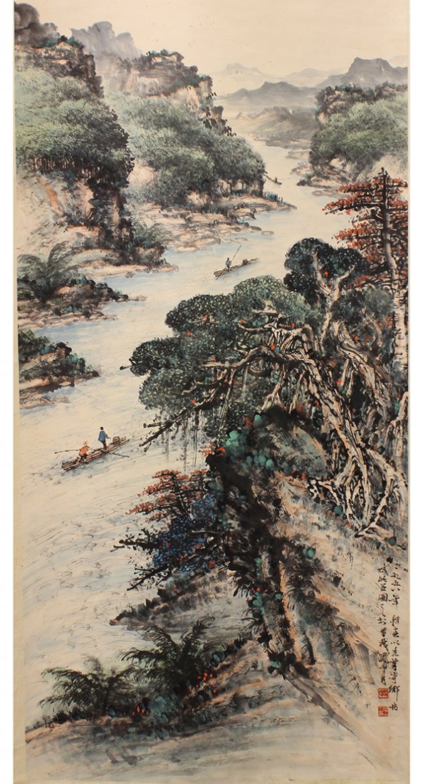 Chinese Scroll, Manner of Guan Shanyue, River Landscape: Manner of Guan Shanyue (Chinese, 1912-2000), River Landscape, ink and color on paper, the lower right inscribed 1998, along with a colophon, bearing signature and two seals, sight: 53.25"h x 26.75"w, 