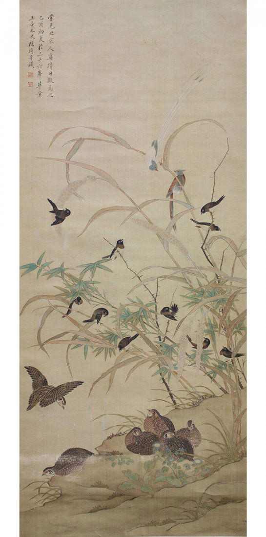 Chinese Scroll, attr to Gai Qi, Birds: Attributed to Gai Qi (Chinese, 1774-1829), Birds Amongst Millet and Bamboo, ink and color on silk, the upper left with a colophon bearing cyclical date yiyou, at Sanshiliufeng Caotang, bearing signatu