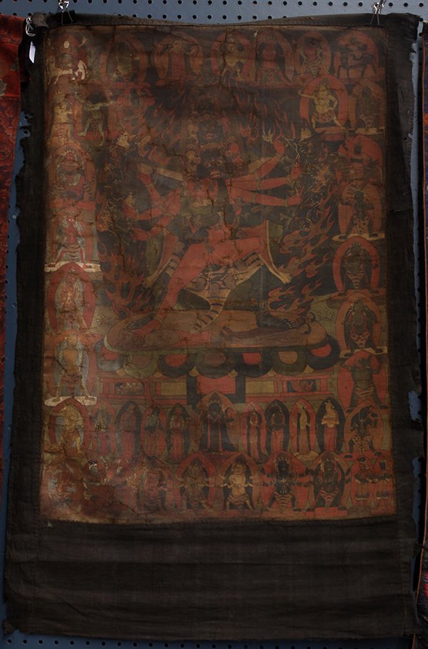 Himalayan Thangka, Paramasukha-Chakrasamvara: Himalayan painted thangka, Paramasukha-Chakrasamvara Father-Mother, Chakrasamvara with nine faces and eighteen arms, with implement on each hand, two main arms holding his consort six-armed Vajravarah