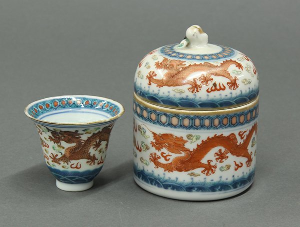 Two Chinese Cup and Jar, Dragons: (lot of 2) Chinese enameled porcelain lidded wine warmer and cup, the cup of inverted bell form with two meandering dragons, the base with an underglaze Guangxu mark; together with a jar decorated ens