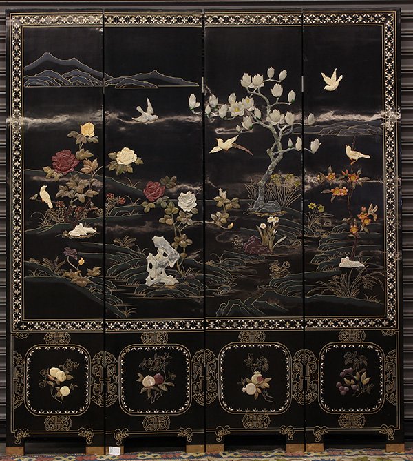 Chinese Stone Inlaid Screen, Bird/Flower: Chinese four panel mixed stone overlaid lacquer screen, featuring birds and flowers on a black lacquer ground, panel: 72"h x 15.75"w