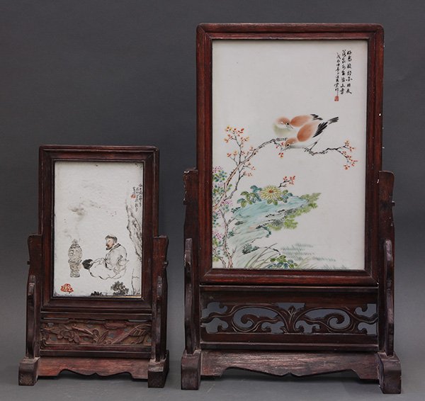Two Chinese Porcelain Plaque Table Screens: (lot of 2) Chinese enameled porcelain plaques set as table screens, the first, of a man seated in front of a censer, upper right with colophon and seals; the other of two birds, the upper right with c