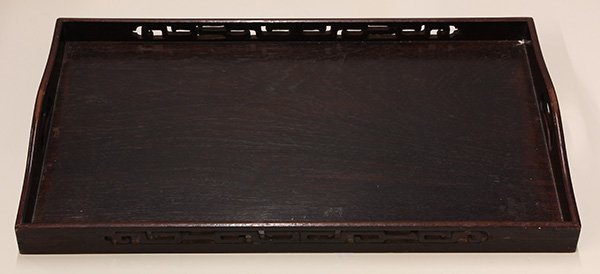 Chinese Hardwood Tray: Chinese wooden tray, of rectangular form with pierced scrolls on the side, 19.5"w. Provenance: Property from the Lyman Museum, Hawai'i, Sold to Benefit Future Acquisitions and Collections, originally 