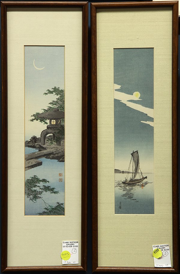 Japanese Woodblock Prints, Meiji/Taisho: (lot of 2) Japanese woodblock prints: Shoda Koho (1871-1946), 'Lantern'; Yoshimoto Gesso (1881-1936), 'Sail Boat and Moon Light', both tanzaku format, with the signature/seal, sight: 13"h x 3"w, frame