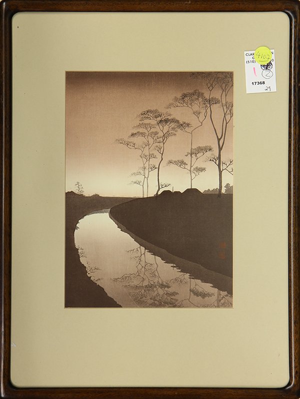 Japanese Shinhanga Woodblock Prints, Koho: (lot of 2) Shoda Koho (Japanese, 1871-1946), 'Moonlit Sea' and 'A Country Scene' from the 'Evening Scenes' series from Nishinomiya Publishing, woodblock prints, Shinhanga, with artist seals; sight: 10