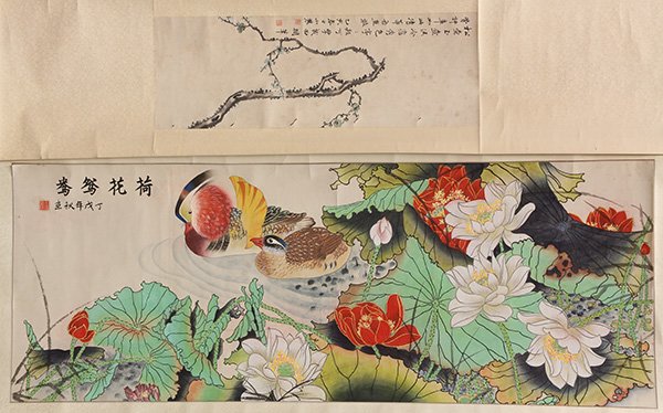 Chinese Scroll Paintings: (lot of 2) Chinese scroll paintings, one of Lotus and Mandarin Ducks, ink and color on paper, dated dingwu, sealed Wang Xiaopei, 59"h ×19.5"w, overall (scroll): 76"h × 23"w; the other of Blue Prunus