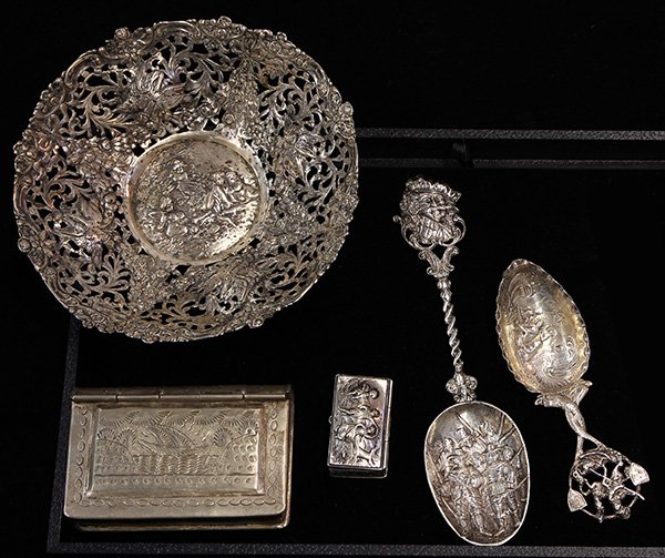 Neo-Classical style Continental silver: (lot of 5) Neo-Classical style Continental silver consisting of German .800 silver spoon and snuff box, together with a silver plate bowl and serving spoon, each piece decorated with genre reserves; p