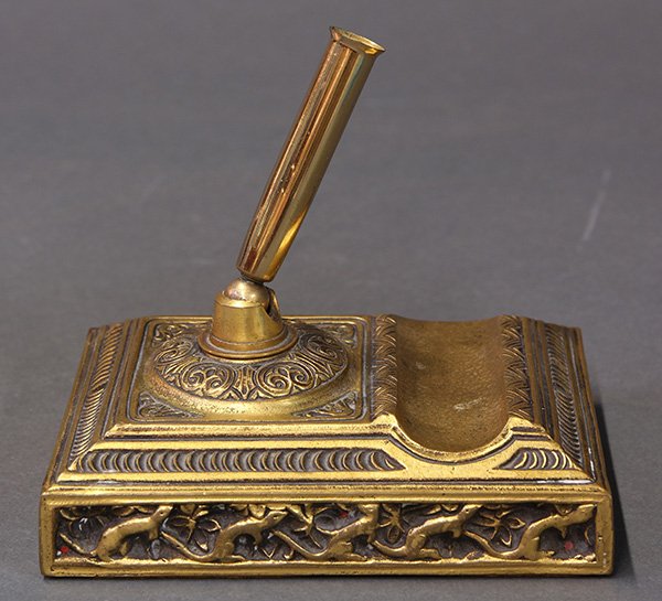Tiffany Venetian pen holder: Tiffany Venetian pen holder, executed in gilt bronze, of rectangular form with repoussé and engraved decoration, marked 'Tiffany Studios New York 2111A,' 2"h x 3"w x 4"d