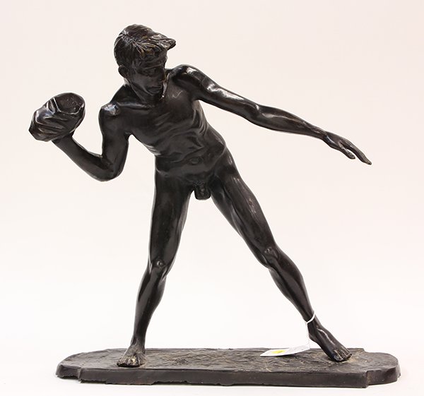 Patinated bronze sculpture in the Classical taste: Patinated bronze sculpture in the Classical taste, depicting a nude youth throwing a rock, the whole rising on a rectangular plinth, 19"h x 18.5"w x 6"d