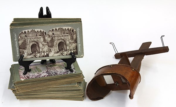 (lot of100+) Stereo views and scope: (lot of100+) Stereo views and scope, circa 1890, many views from the 'Cosmopolitan Series,' including cards depicting Native Americans, African Americans, the 'Wild West', the Middle East, and views o