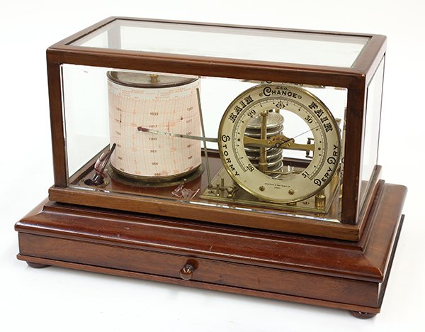 English barograph by John Davis & Son: English barograph by John Davis & Son, Derby, having an oak and beveled glass case surmounting a chart drawer complete with extra charts, the whole rising on compressed bun feet, the dial signed, 9"h 