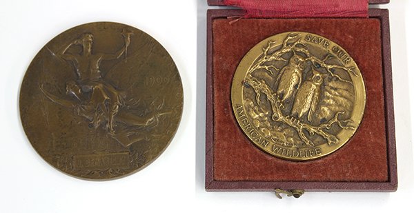 (lot of 2) 1900 Paris Exposition bronze medal; together: (lot of 2) 1900 Paris Exposition bronze medal; together with an American Wildlife bronze medal, signed Henry Van Wolf, 1973, largest: 2.5"dia.