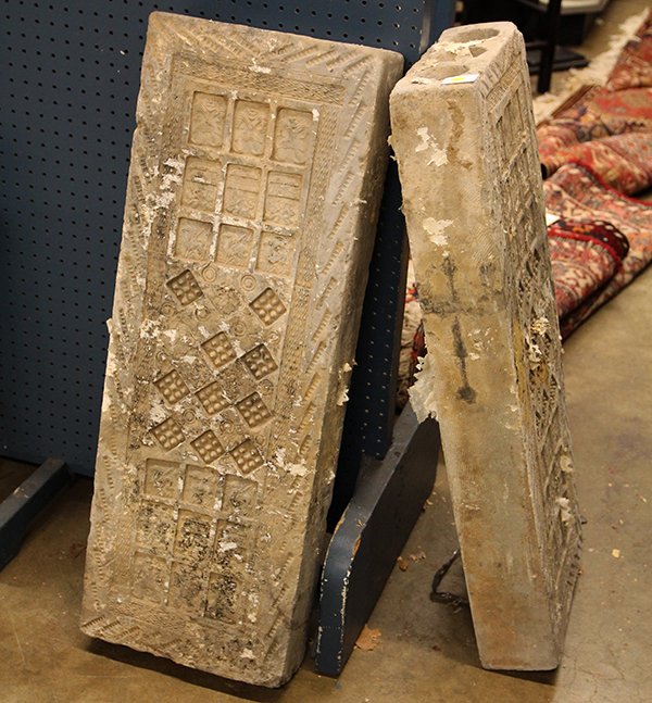(lot of 2) Indonesian architectural elements: (lot of 2) Indonesian architectural elements, executed in cast stone, of rectangular form having a central reserve filled with diamonds flanked by reserves each with (9) boxes having relief molded ima