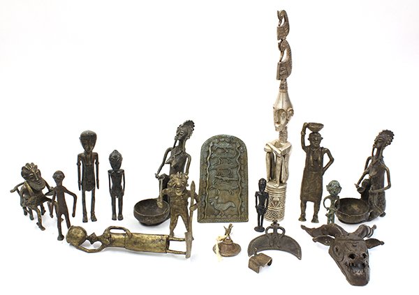 Senufo style, West Africa brass figures of elders,: (lot of 18) Senufo style, West Africa brass figures of elders, mothers, and animal masks; together with Indonesian mixed-metal male and mythical figures, and a sheathed machete, largest: 29.5". Proven