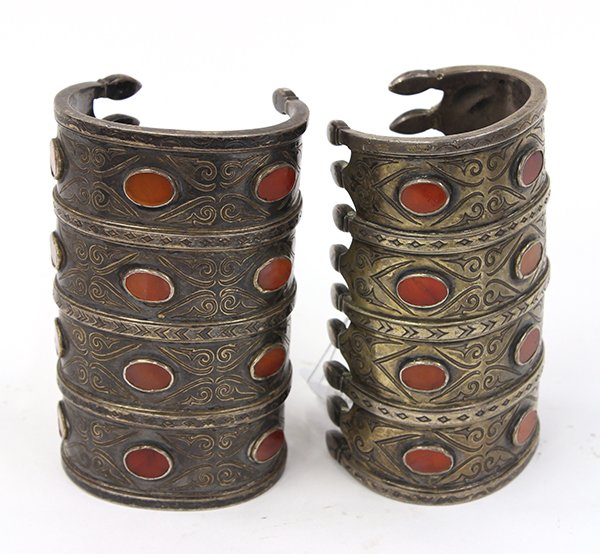 (lot of 2) Turkoman, possibly Bilezik, Central Asia,: (lot of 2) Turkoman, possibly Bilezik, Central Asia, cuff bracelets, each set with carnelian cabochon stones,2.5"h x 4"l