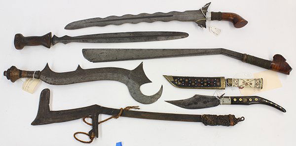 (lot of 7) North African execution sword and knives,: (lot of 7) North African execution sword and knives, togethr with an Indonesian kris