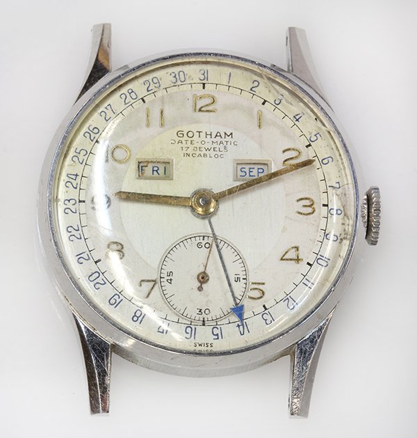 Gentleman's Gotham Date-O-Matic stainless steel: Gentleman's Gotham Date-O-Matic stainless steel wristwatch Dial: silvered gilt Arabic numerals, triple-date, gilt hands; Movement: Gotham Watch Co. Inc., 17 jewels, caliber 2447; Case: stainless steel