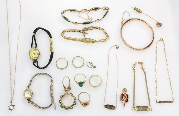 Collection of gem and gold jewelry: Collection of gem and gold jewelry including the following 14k yellow gold items: one Art Deco bracelet plated yellow; one jade bracelet; one jade eternity band; three rings set with ruby, citrine, ga